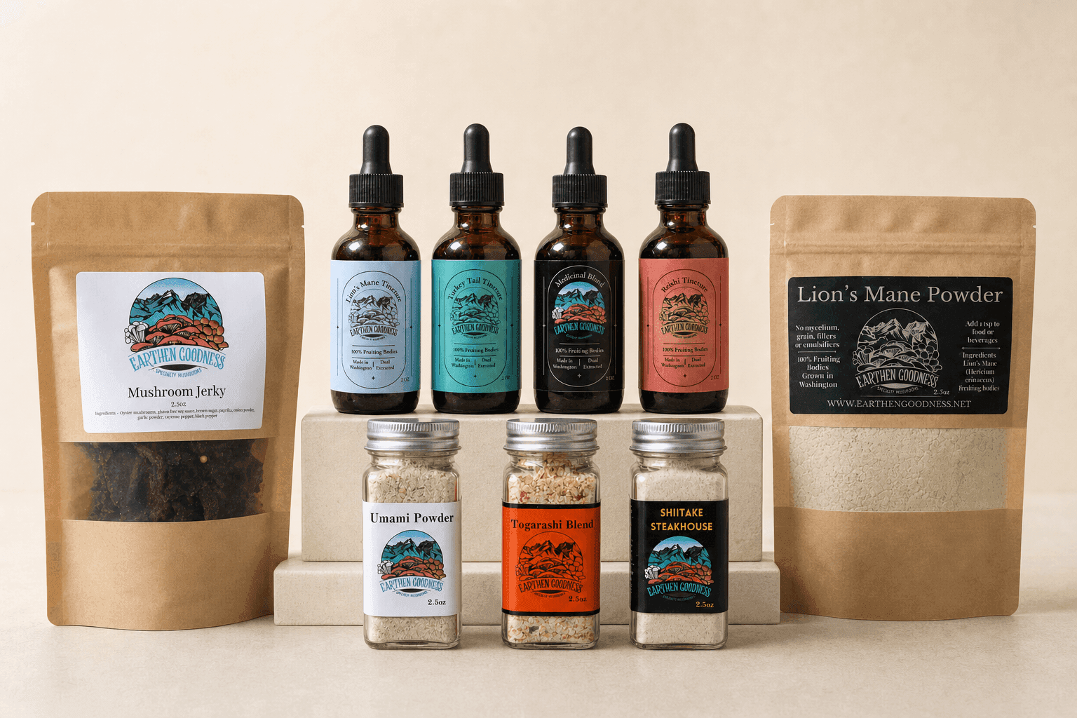 Earthen Goodness mushroom tinctures, pantry powders, jerky, and seasonings arranged together