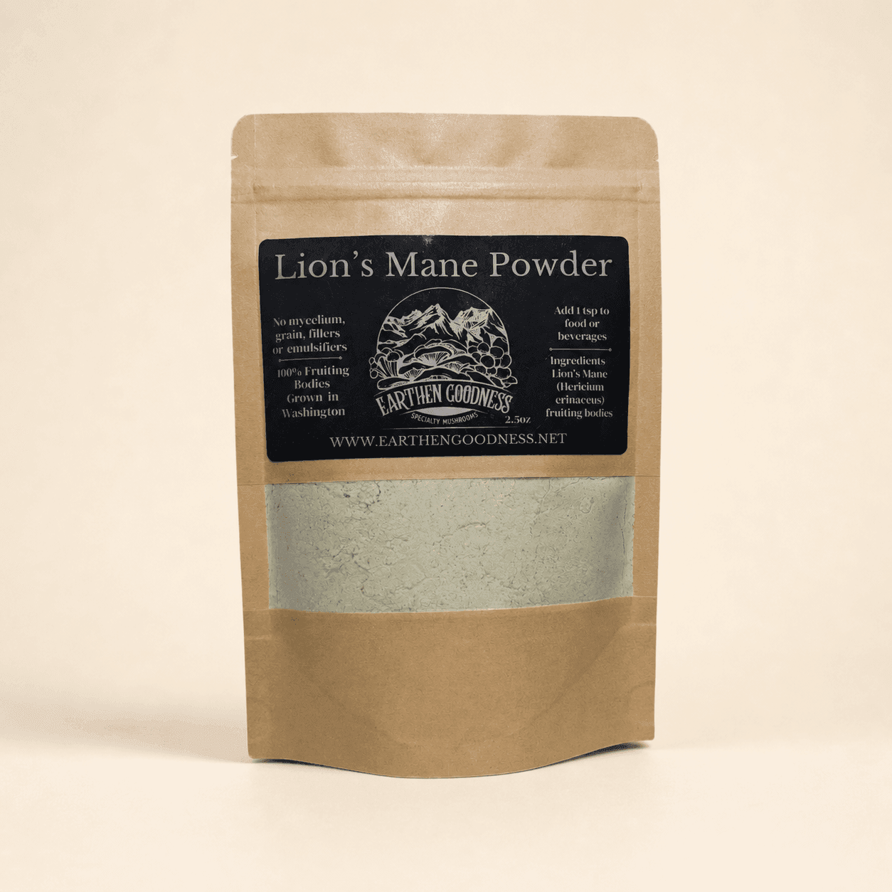 Earthen Goodness Lion’s Mane Powder in a two-and-a-half-ounce kraft pouch