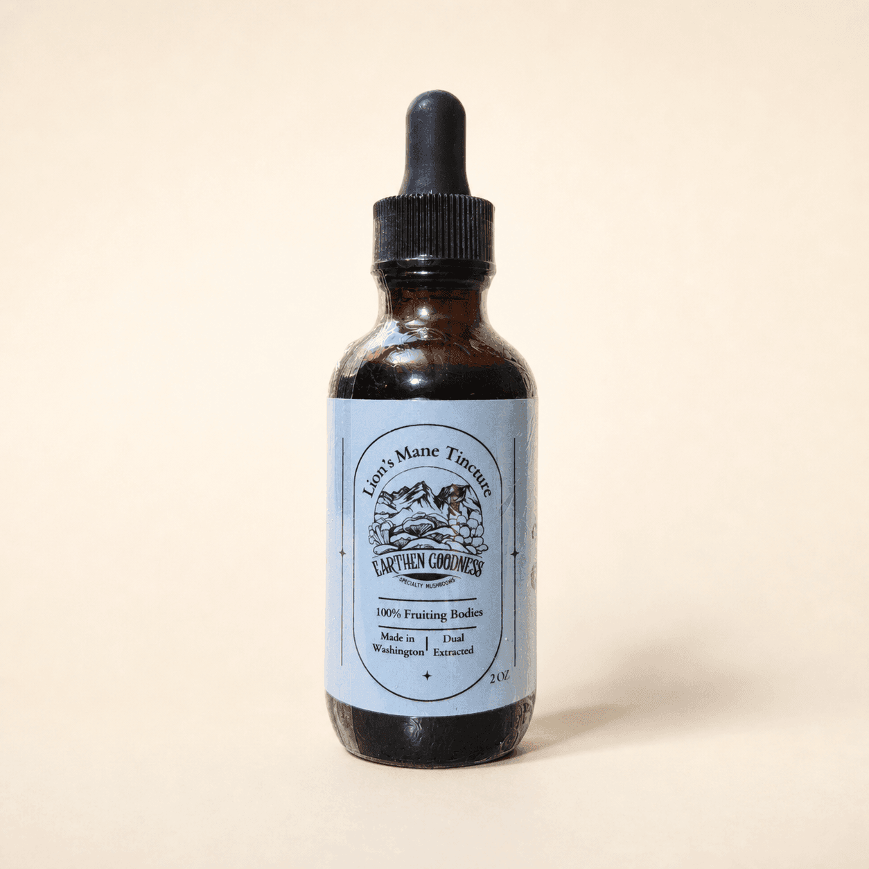 Earthen Goodness Lion’s Mane Tincture in a two-ounce amber dropper bottle