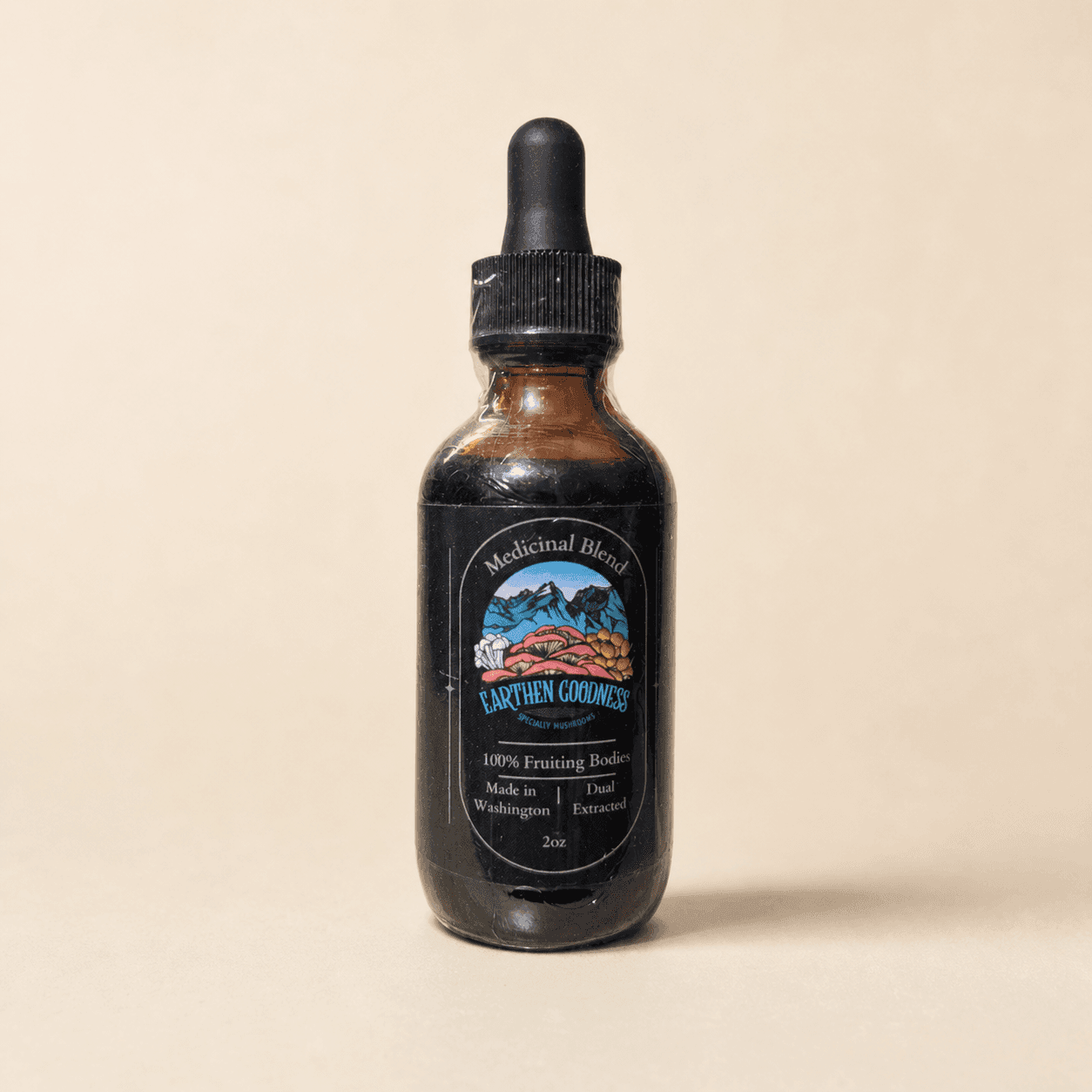 Earthen Goodness Medicinal Blend in a two-ounce amber dropper bottle