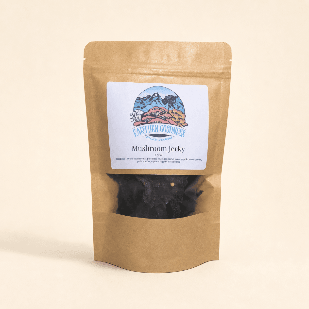 Earthen Goodness Mushroom Jerky in a two-and-a-half-ounce kraft pouch