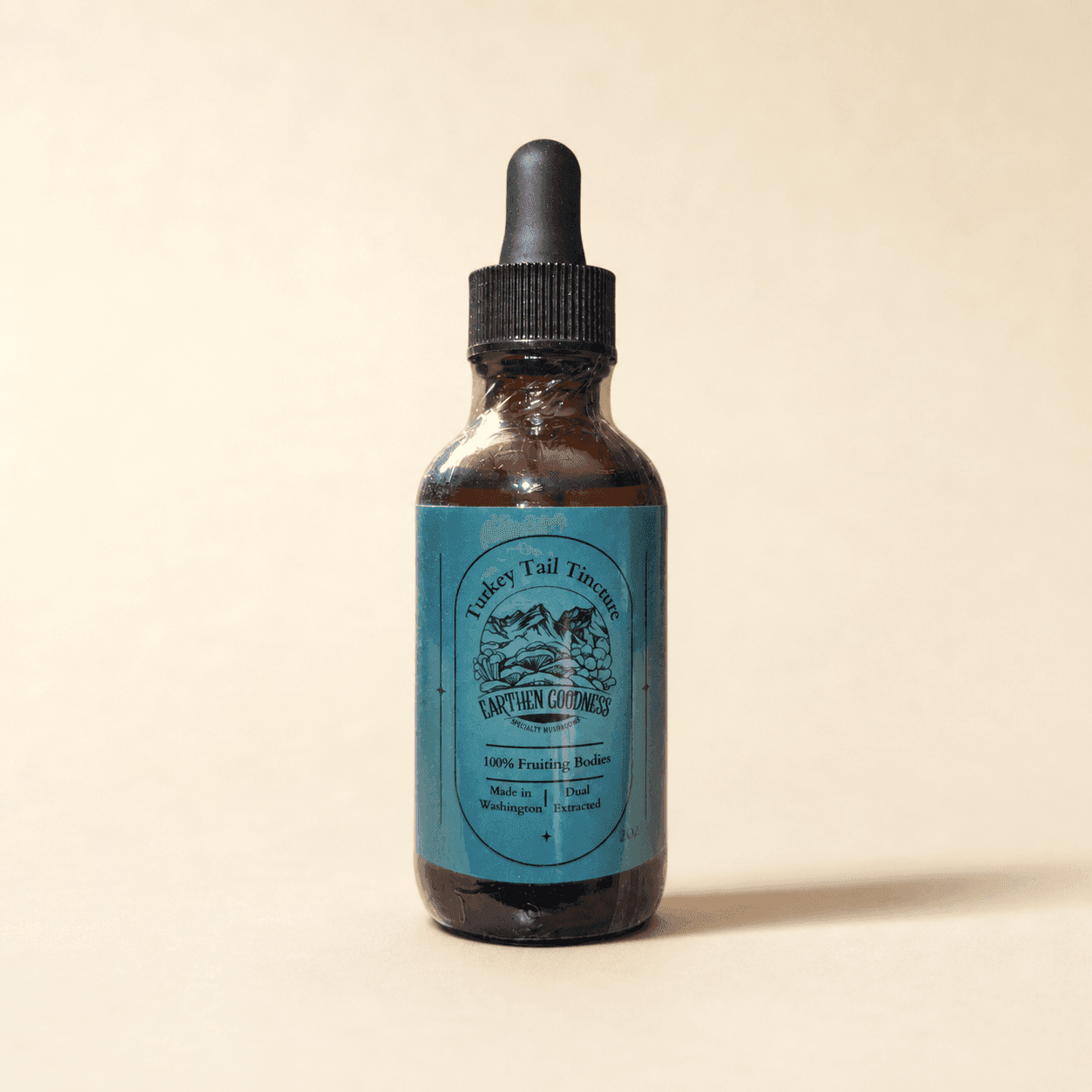 Earthen Goodness Turkey Tail Tincture in a two-ounce amber dropper bottle