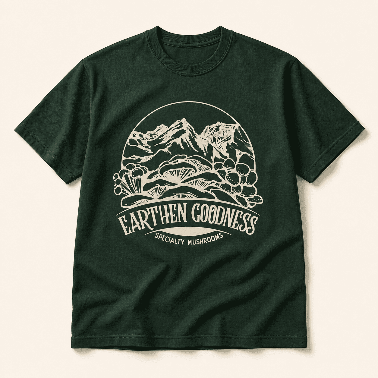 Dark green Earthen Goodness T-shirt on a warm neutral background