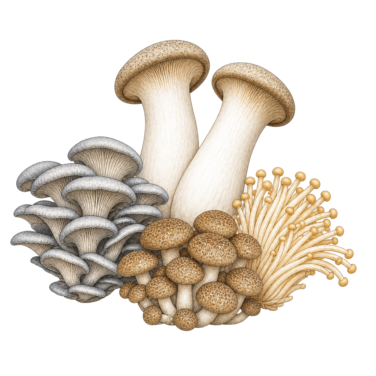 Fresh Medley mushroom field-guide illustration